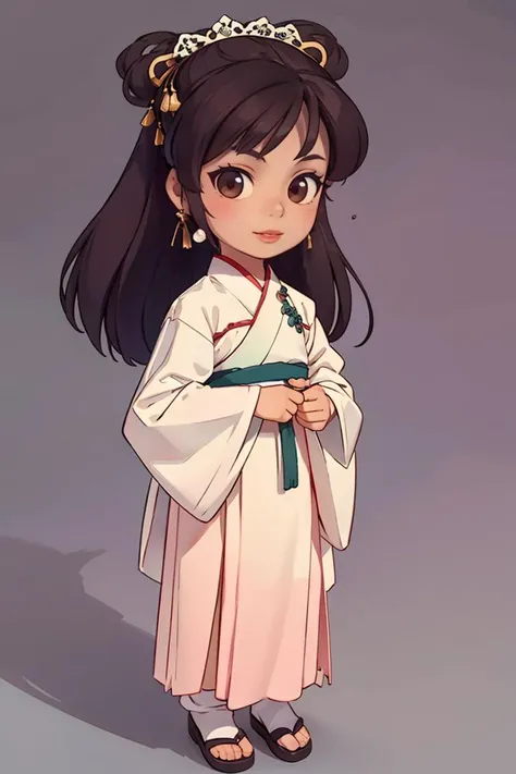 1girl,earrings,solo,jewelry,long_hair,lips,realistic,brown_eyes,<lora:WengMeiLing01:1>,(chibi:0.8),full body,hanfu,<lora:GoodHands-vanilla:1>,