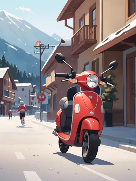 cinematic, aesthetic, (masterpiece:1), A dynamics Wide Shot of a Scooter motorcycle captured in natural light, (run on street), noon, a Ski Resort Town in background