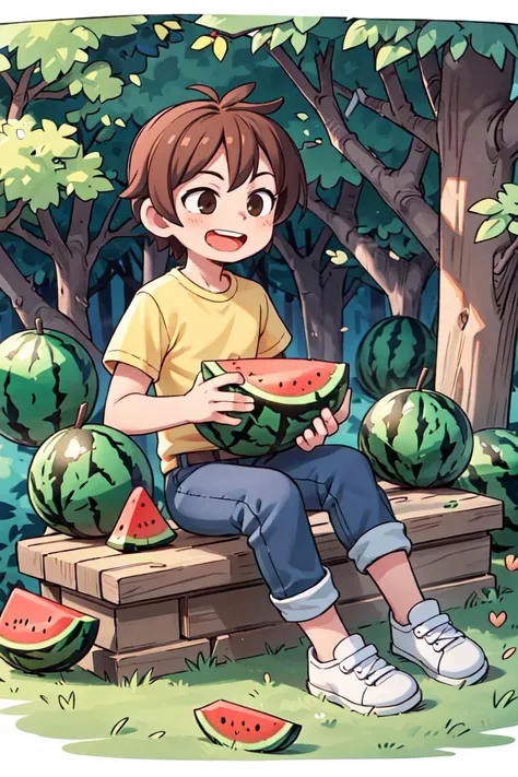 masterpiece, best quality, ruit,1boy, solo,eating,holding watermelon, (more Cut Watermelon:1.2),yellow shirt, male focus, brown hair, shirt, pants, holding, open mouth, sitting, smile, short sleeves, white footwear,sky,forest, dog,<lyco:GoodHands-beta2:1.0> <lora:more_details:0.3>, <lora:inkSketch_V2:0.5>
