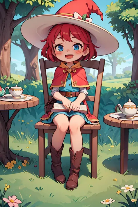 masterpiece,best quality,dramatic, witch,1girl, hat, tree, solo, blue eyes, flower, teacup, red hair, cat, smile, sitting, blue headwear, belt, open mouth, short hair, table, dress, chair, day, :d, blush, book, saucer, grass, nature, boots, capelet, <lyco:GoodHands-beta2:1.0> <lora:more_details:0.3>,