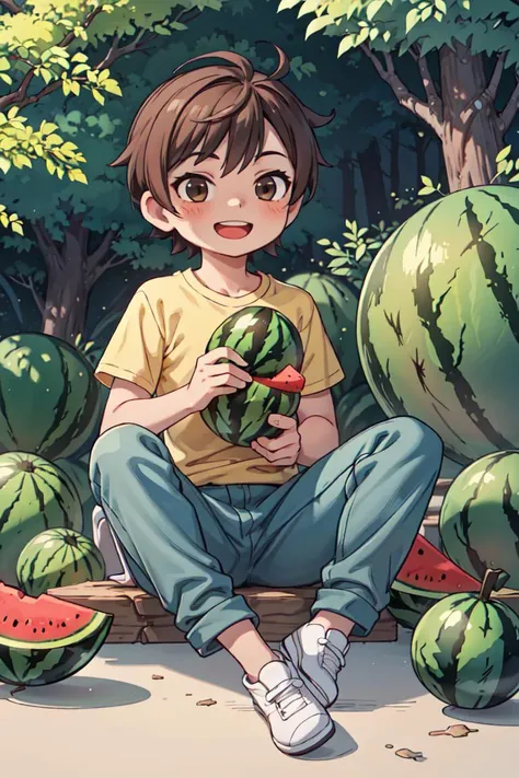 masterpiece, best quality, ruit,1boy, solo,eating,holding watermelon, (more Cut Watermelon:1.2),yellow shirt, male focus, brown hair, shirt, pants,  holding, open mouth,  sitting, smile, short sleeves,  white footwear,sky,forest, dog,<lyco:GoodHands-beta2:1.0> <lora:more_details:0.3>,   <lora:penink:0.3>