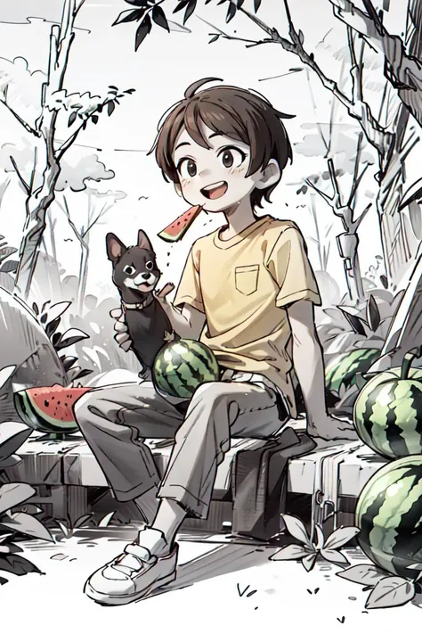 (monochrome,:1.3) ink sketch,masterpiece, best quality, ruit,1boy, solo,eating,holding watermelon, (more Cut Watermelon:1.2),yellow shirt, male focus, brown hair, shirt, pants, holding, open mouth, sitting, smile, short sleeves, white footwear,sky,forest, dog,<lyco:GoodHands-beta2:1.0> <lora:more_details:0.3>, <lora:pensketch_without_pen_lora:1>
