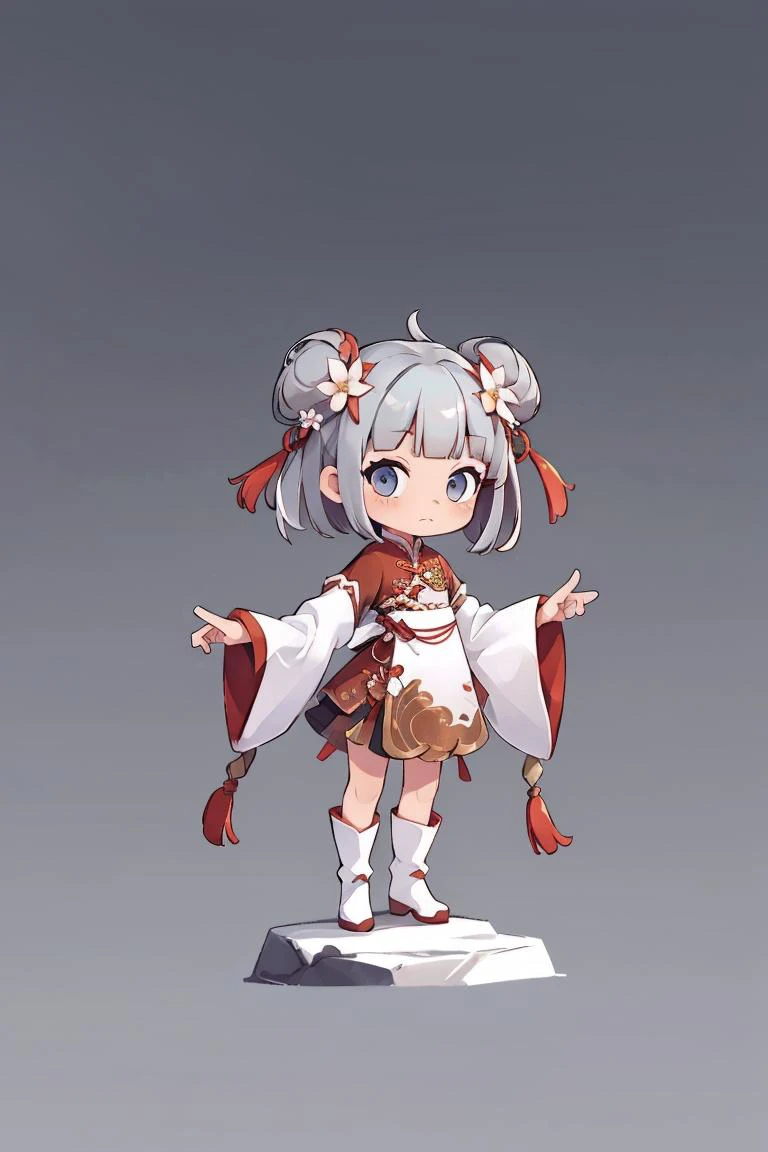 (best quality:1.2),(high quality:1.2),masterpiece,(high details:1.1),game character, East Asian original art character design, 1girl, solo, gradient, gradient background, bun, double bun, gray hair, full body, holding, chinese clothes, white footwear, gray background, hair decoration, looking at the audience, tassels, jewelry, standing, long sleeves, bangs, boots, wide sleeves, flowers, dress, hair flower, short hair, simple background, fan, red clothes <lora:CG Game characters:0.8>,chibi,