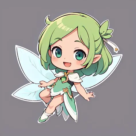 masterpiece,best quality,high quality, <lyco:GoodHands-beta2:1.0>,a girl, ((chibi)), full body, green hair, happy, flying, shiny eyes, magical fairy, clear drawing, (outline:1.2), flat background <hypernet:Toru8pWavenChibi_wavenchibiV10b:0.6>