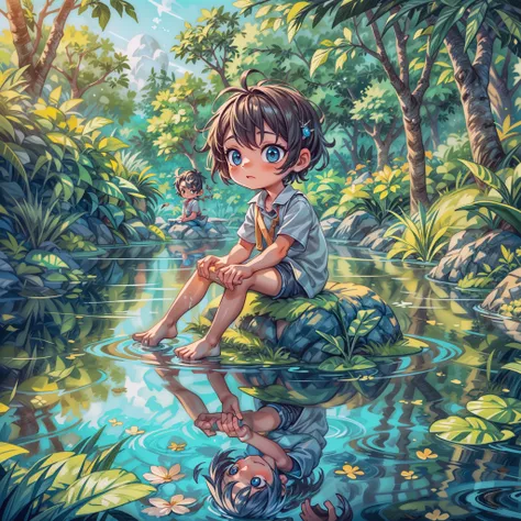 masterpiece, best quality, intricate details, professional illustration, (solo child boy:1.1), reflection in water, sitting <lora:add_detail:0.5> <lora:more_details:0.5>