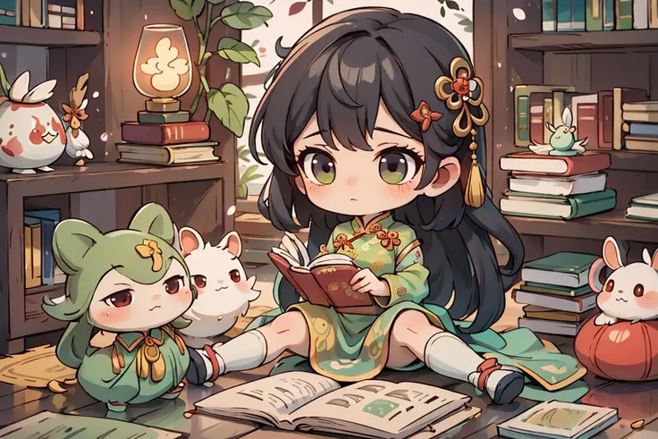 (masterpiece),(best quality), 1girl,chibi, full body,in style of blindbox, ((green Cheongsam)), sitting in a traditional Chinese study,jeweled hairpin adorning, black hair. bookshelves filled with ancient texts and scroll paintings,reading a book with a focused expression, her slender fingers turning the pages with grace and precision,The room is bathed in a soft and warm light, giving the scene a peaceful and nostalgic feel. <lora:Guofeng_mengwan_v1:0.9>, <lora:shuimobysimV3:0.3>