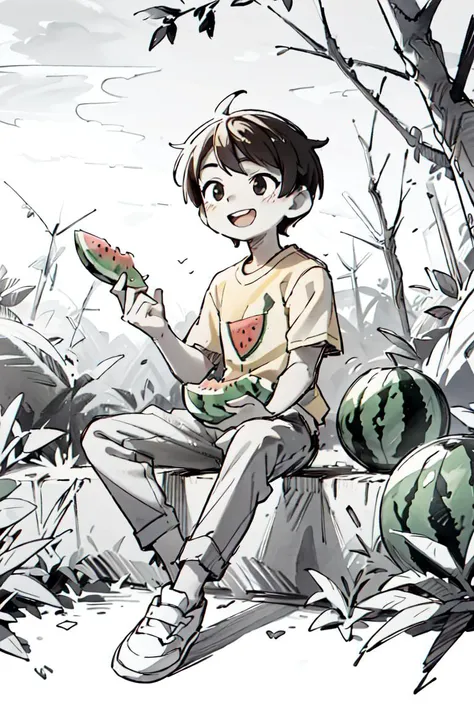(monochrome,:1.3) ,(ink sketch:1.3),masterpiece, best quality, ruit,1boy, solo,eating,holding watermelon, (more Cut Watermelon:1.2),yellow shirt, male focus, brown hair, shirt, pants, holding, open mouth, sitting, smile, short sleeves, white footwear,sky,forest, dog,<lyco:GoodHands-beta2:1.0> <lora:more_details:0.3>, <lora:pensketch_without_pen_lora:1>