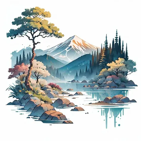 best quality,high quality, white background, scenery, ink, mountains, water, trees, <lora:ink-0.1-3-b28-bf16-D128-A1-1-ep64-768-DAdaptation-cosine:0.8>, <lora:shuV2:0.3>