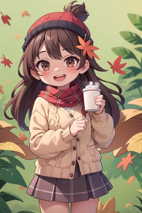 chibi,extremely detailed, intricate, masterpiece, absurdres,1girl, (\:d:1.0) autumn leaves, bangs, black headwear, blurry background, blush, brown eyes, brown hair, brown scarf, brown skirt, cardigan, cowboy shot, disposable cup, falling leaves, beanie, holding, holding coffee, leaf, long hair, long sleeves, looking at viewer, open cardigan, open mouth, plaid skirt, puffy long sleeves, red sweater, scarf, shirt tucked in, sidelocks, skirt, smile, solo, sweater, white shirt,, <lyco:GoodHands-beta2:1.0> <lora:more_details:0.3>,