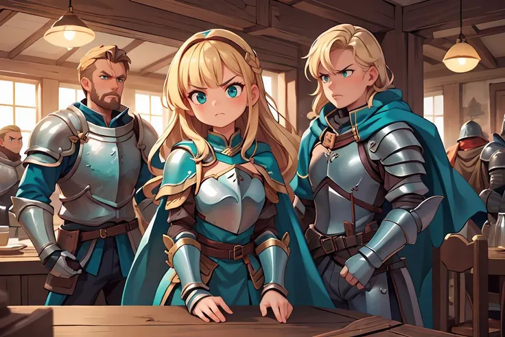 (masterpiece, best quality, extremely detailed:1.2), 1girl, (long blonde hair with bangs:1.1), (steel armor,:1.2), breastplate, (teal:1.2) gambeson, pauldrons, cape, medieval clothing, <lora:more_details:0.3> ,
surrounded by men, tavern, angry