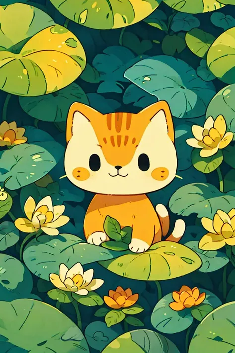 no humans, cat, black eyes, animal focus, animal, :3, leaf, yellow flower,white flower, plant,, <lora:doodle:1>