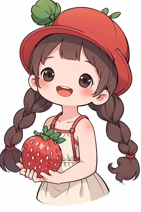 chibi avatar, 1girl, solo, long hair, smile, open mouth, bangs, simple background, brown hair, hat, white background, holding, twintails, upper body, braid, food, teeth, chibi, black eyes, twin braids, fruit, upper teeth only, red headwear, cropped torso, strawberry, holding fruit <lora:chibi_avatar_v1:0.65>