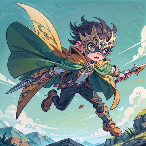 masterpiece, best quality, intricate details, professional illustration, (solo child boy:1.1), masked, cape, daggers, fierce, serious, leaping attack, low angle view