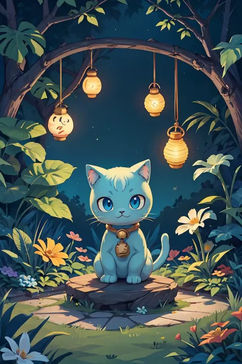 masterpiece,best quality,(no humans,:1.2) maneki-neko ,solo, neck bell,blue eyes, flower,1lantern, sitting, full body, ^_^,outdoors,night,garden background, <lora:more_details:0.3>,