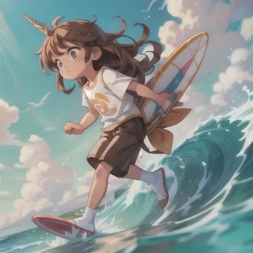 unicorn boy, masterpiece, best quality, intricate details, professional illustration, (solo child boy:1.1), long brown hair, crossed arms, standing pose, board shorts, surfing beach, low angle <lora:add_detail:0.5> <lora:more_details:0.5>