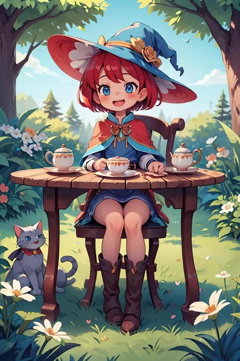 masterpiece,best quality,dramatic, witch,1girl, hat, tree, solo, blue eyes, flower, teacup, red hair, cat, smile, sitting, blue headwear, belt, open mouth, short hair, table, dress, chair, day, :d, blush, book, saucer, grass, nature, boots, capelet, <lyco:GoodHands-beta2:1.0> ,<lora:more_details:0.3>,