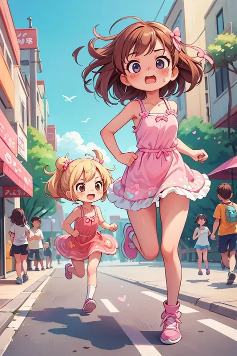 ((best quality, masterpiece)), dramatic, 2girls , running, blonde girl and brown hair girl,pink (((kawaii))) sundress, street, crowd, <lyco:GoodHands-beta2:1.0> <lora:more_details:0.3>,