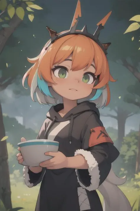 extreme quality, cg, detailed face+eyes, (bright colors:0.9), a cute demon girl standing, (feudal tribal village in the forest:1.1), (tan skin), colored outlines, hair down, orange hair, green, masterpiece, 8k, (tone mapping, hyper focus:0.7), violet, looking, zoomed out, complimentary colors, light particles, dappled sunlight, cloudy sky, fur trim hoodie, (headdress), tribal clothing, (colored inner hair:1.25), gradient hair, (multicolored hair:0.9), dark, foggy, righteous, bokeh, natural, limited palette, (arknights:1.2), messy hair, (detailed hair:1.1), rainbow in the sky