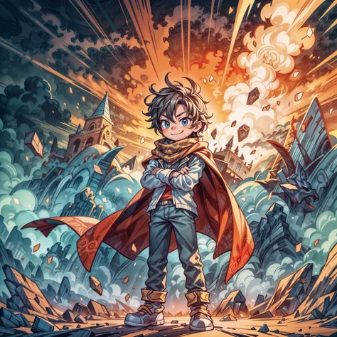 masterpiece, best quality, intricate details, professional illustration, (solo child boy:1.1), crossed arms, standing pose, facing front, proud smirk, cape, scarf, eruption, low angle <lora:add_detail:0.5> <lora:more_details:0.5>
