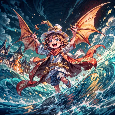 masterpiece, best quality, intricate details, professional illustration, (solo child boy:1.1), dragon wings, laughing, flowing cape, scarf, robes, magician hat, village, fire, waves <lora:add_detail:0.5> <lora:more_details:0.5>