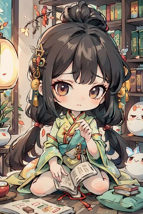 (masterpiece),(best quality), 1girl,chibi, full body,in style of blindbox, ((green Cheongsam)), sitting in a traditional Chinese study,jeweled hairpin adorning, black hair. bookshelves filled with ancient texts and scroll paintings,reading a book with a focused expression, her slender fingers turning the pages with grace and precision,The room is bathed in a soft and warm light, giving the scene a peaceful and nostalgic feel. <lora:Guofeng_mengwan_v1:0.9>, <lora:shuimobysimV3:0.6>