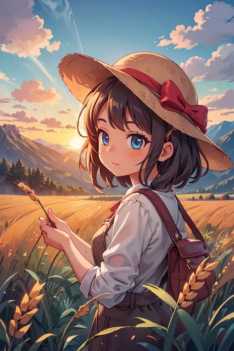 masterpiece,best quality,landscape, 1girl, hat, wheat, farm, sunset, lens flare, mountain, clouds,<lyco:GoodHands-beta2:1.0> <lora:more_details:0.3>,