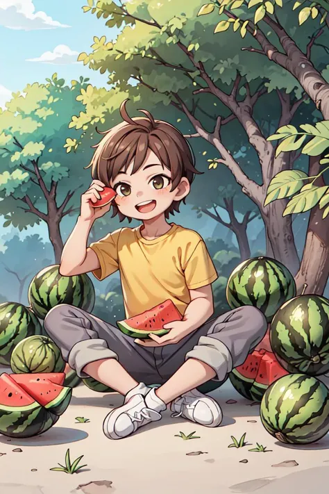 masterpiece, best quality, ruit,1boy, solo,eating,holding watermelon, (more Cut Watermelon:1.2),yellow shirt, male focus, brown hair, shirt, pants, holding, open mouth, sitting, smile, short sleeves, white footwear,sky,forest, dog,<lyco:GoodHands-beta2:1.0> <lora:more_details:0.3>, <lora:BANHUA:0.3>