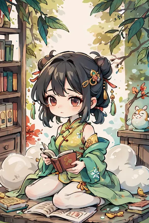 (masterpiece),(best quality), 1girl,chibi, full body,in style of blindbox, ((green Cheongsam)), sitting in a traditional Chinese study,jeweled hairpin adorning, black hair. bookshelves filled with ancient texts and scroll paintings,reading a book with a focused expression, her slender fingers turning the pages with grace and precision,The room is bathed in a soft and warm light, giving the scene a peaceful and nostalgic feel. <lora:Guofeng_mengwan_v1:0.9>, <lora:shuimobysimV3:0.6>