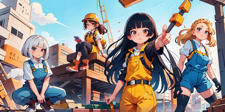 girl,  white hair, (sliced bob) squatting,  <lora:n15g_aio_hairstyles-1.0:0.75> (mega twintails), work overalls, construction site <lora:ConstructionyardAIV3:0.5> constructionyardai
BREAK
girl, brown hair ,  (mega ponytail), sitting on steel beams, front, looking at viewer, work overalls, construction site,constructionyardai
BREAK
girl, black hair, (hime style) standing, pointing,  , work overalls, construction site, constructionyardai
BREAK
girl blonde hair,  (crown braid), standing, standing, work overalls, construction site, constructionyardai