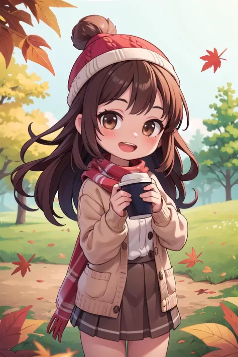chibi, extremely detailed, intricate, masterpiece, absurdres,1girl, (\:d:1.0) autumn leaves, bangs, black headwear, blurry background, blush, brown eyes, brown hair, brown scarf, brown skirt, cardigan, cowboy shot, disposable cup, falling leaves, beanie, holding, holding coffee, leaf, long hair, long sleeves, looking at viewer, open cardigan, open mouth, plaid skirt, puffy long sleeves, red sweater, scarf, shirt tucked in, sidelocks, skirt, smile, solo, sweater, white shirt,, <lyco:GoodHands-beta2:1.0> <lora:more_details:0.3>,