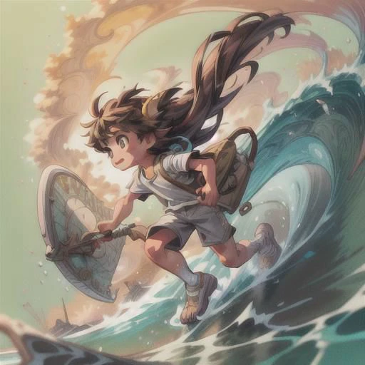 unicorn_boy, long brown hair, masterpiece, best quality, intricate details, professional illustration, (solo  boy:1.1), board shorts, big horn, running, sandy beach, Australia, big waves, low angle <lora:add_detail:0.5> <lora:more_details:0.5>