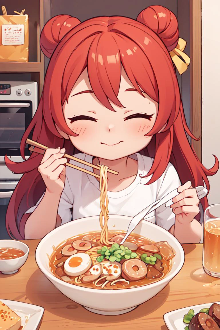 (masterpiece, best quality), 1girl, solo, cute face, kawaii, ramen, chopsticks, drinking glass, eating, heart, happy, closed eyes, closed mouth, <lora:ramen_v1.4:1>, kitchen,
