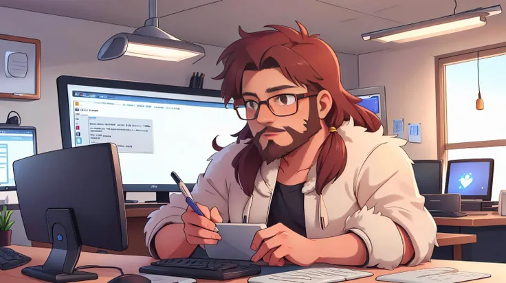 RAW photo,  <lora:FurryStyle:1> FurryStyle a 30 y.o. man with a beard and glasses coding on his computer, photorealistic