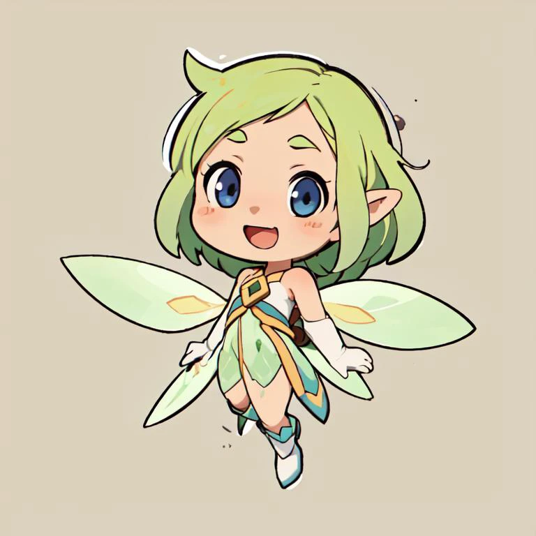 masterpiece,best quality,high quality, <lyco:GoodHands-beta2:1.0>,a girl, ((chibi)), full body, green hair, happy, flying, shiny eyes, magical fairy, clear drawing, outline, flat background <hypernet:Toru8pWavenChibi_wavenchibiV10b:1>