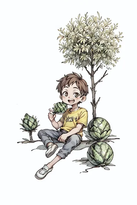 masterpiece, best quality, ruit,1boy, solo,eating,holding watermelon, (more Cut Watermelon:1.2),yellow shirt, male focus, brown hair, shirt, pants,  holding, open mouth,  sitting, smile, short sleeves,  white footwear,sky,forest, dog,<lyco:GoodHands-beta2:1.0> <lora:more_details:0.3>,  <lora:BANHUA:0.7>
