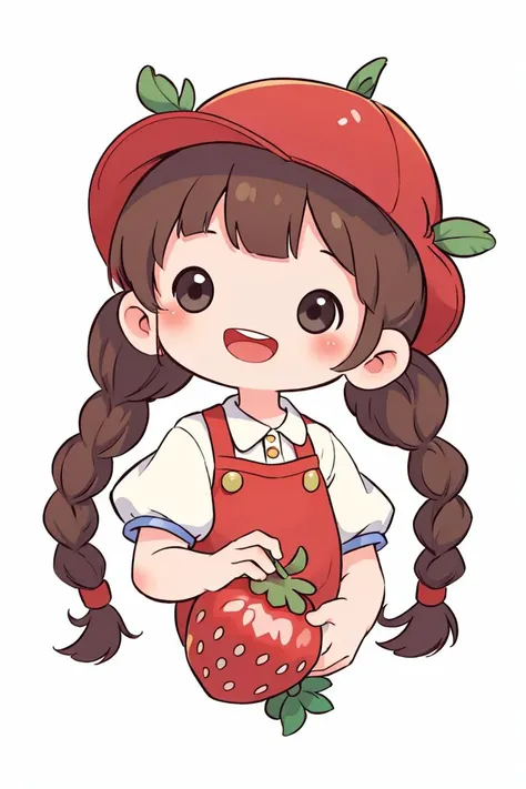 chibi avatar, 1girl, solo, long hair, smile, open mouth, bangs, simple background, brown hair, hat, white background, holding, twintails, upper body, braid, food, teeth, chibi, black eyes, twin braids, fruit, upper teeth only, red headwear, cropped torso, strawberry, holding fruit <lora:chibi_avatar_v1:0.65>