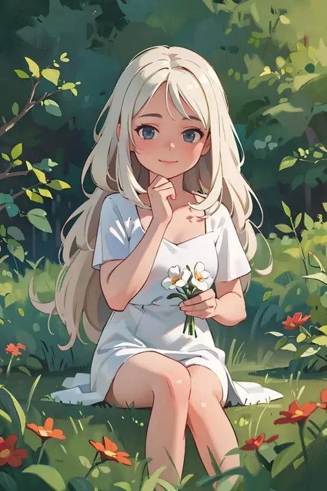 OIL PAINTING,IMPRESSIONISM,MEDIUM SHOT,<lyco:GoodHands-beta2:0.5>,high quality, masterpiece, (realistic, photo-realistic:1.2) ,high definition, ultra detailed, raw photo,1girl with long white hair sitting in a field of green plants and flowers, her hand under her chin, warm lighting, white dress, blurry foreground,nsfw ,<lora:bichu-v0612 :0.8> BICHU,