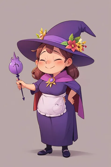 European and American cartoon characters,original character design,hand-drawn drafts,solo,wand,hat,flower,smile,1girl,witch hat,holding wand,closed eyes,holding,cape,blush,fat,hand on hip,purple headwear,full body,plump,standing,apron,dress,purple cape,hat flower,witch,<lora:Cartoon characters:0.7>,