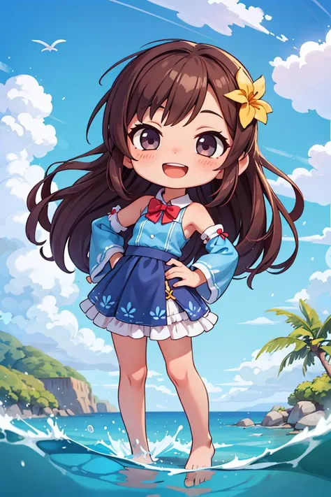 (chibi:1.4),masterpiece,best quality,dramatic, 1girl, solo,  long hair, brown hair, detached sleeves, open mouth, smile, outdoors, water, sky, day, hand on hip, hair ornament, pointing, cloud, ocean, dress,  blush, blue dress, wading,  blue sky, bow, standing, :d, frills, beach, bangs, barefoot, hair flower, skirt, ^_^, facing viewer,  bowtie, teeth, <lyco:GoodHands-beta2:1.0> <lora:more_details:0.3>,