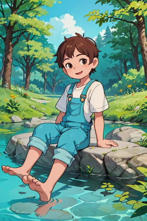 masterpiece,best quality, overalls, white shirt, (1boy:1.2), sitting on rock, barefoot,leaning back, two Feet in the water,head tilt, happy, (looking at viewer:1.2), sky,forest, river, very short hair, brown hair,,<lyco:GoodHands-beta2:1.0> <lora:more_details:0.3>, <lora:studioGhibliStyle_offset:0.6>