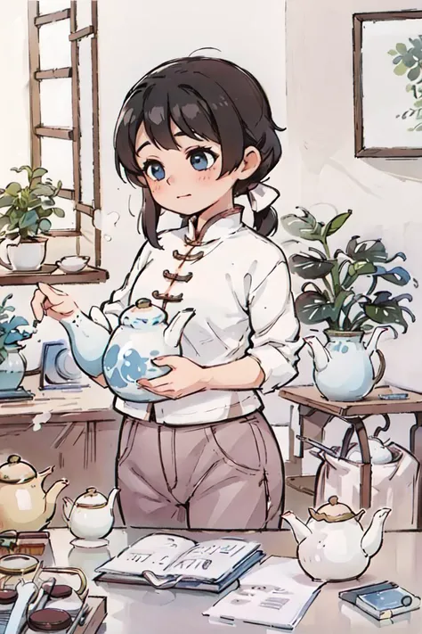 best quality, masterpiece,1gril,solo,  holding,(1 teapot:1.1),black hair,  paintbrush, chinese clothes,  window, indoors,  potted plant,table,chineseelementaryschoolbooks, <lora:china90selementaryschoolbooks:1>, <lora:shuicai_v1:0.3>