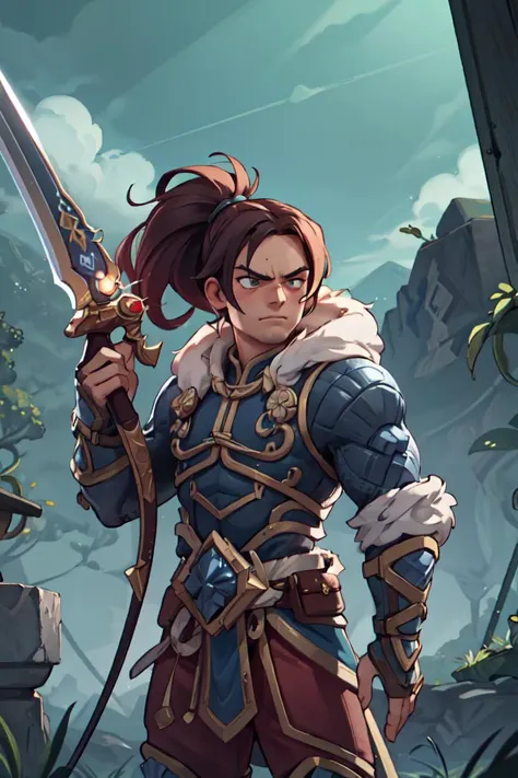 best quality, masterpiece, <lora:more_details:0.3>,<lyco:GoodHands-beta2:1>, ultra high res, masterpiece, <lora:varian:0.8>, varian, cowboy shot, Holding a long sword in hand, Atmospheric Perspective,male focus