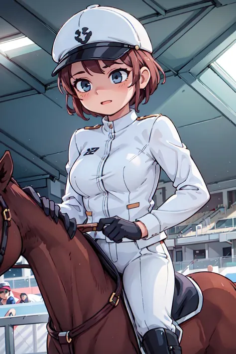 best quality, masterpiece, <lora:more_details:0.3>,<lyco:GoodHands-beta2:1>,a woman, (wearing equitation_outfit, wearing cap:1.1), white equitation_outfit, good hand, head:1.3,finely detailed skin, sharp focus, (cinematic lighting), dynamic angle, breasts, outside, Racetrack background, <lora:equitation_outfit:0.6>,Depth of Field