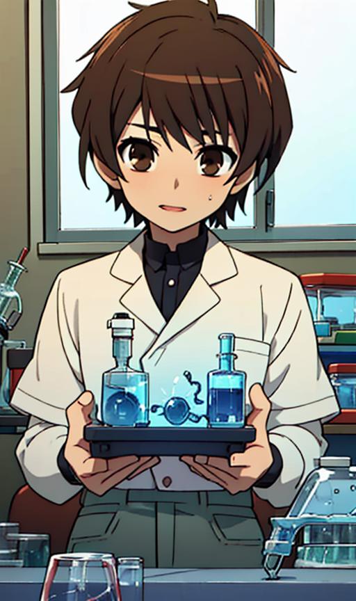 A woman in a lab coat holding a tray with blue liquid - SeaArt AI
