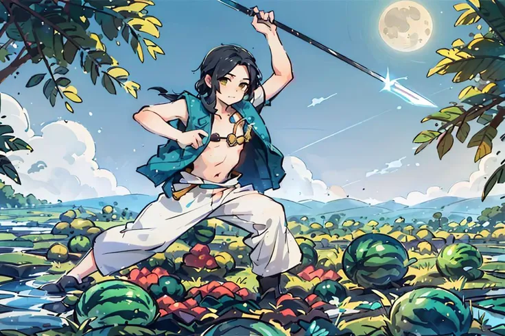 night,1boy, male focus, solo, standing, holding polearm, open clothes,black hair, field,many green watermelons, blue sky, full moon, outdoors, Grass, <lora:shuimobysimV3:0.7>