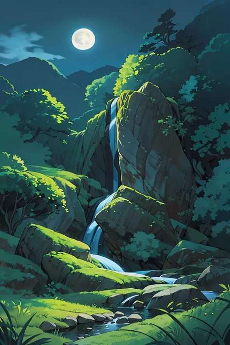 masterpiece, (((best quality))),<lora:Pyramid lora_Ghibli_n3:1>, landscape, dark night, bright moon, weak star, cliff, wind blowing, green grass, fantasy, magic world, waterfall,