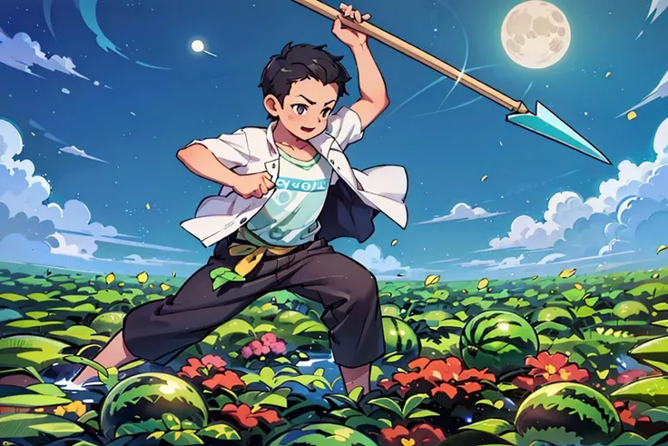 night,1boy, male focus, solo, standing, holding polearm, open clothes,black hair, green watermelon field,many green watermelons, blue sky, full moon, outdoors, flower, <lora:china90selementaryschoolbooks:0.5>