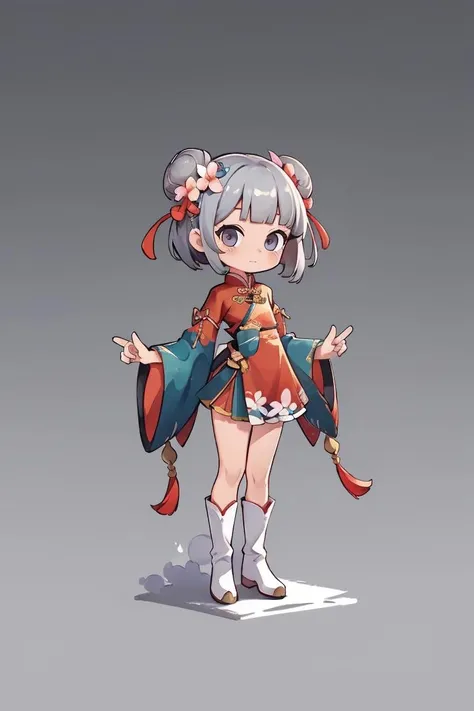 (best quality:1.2),(high quality:1.2),masterpiece,(high details:1.1),game character, East Asian original art character design, 1girl, solo, gradient, gradient background, bun, double bun, gray hair, full body, holding, chinese clothes, white footwear, gray background, hair decoration, looking at the audience, tassels, jewelry, standing, long sleeves, bangs, boots, wide sleeves, flowers, dress, hair flower, short hair, simple background, fan, red clothes <lora:CG Game characters:0.8>,chibi,
