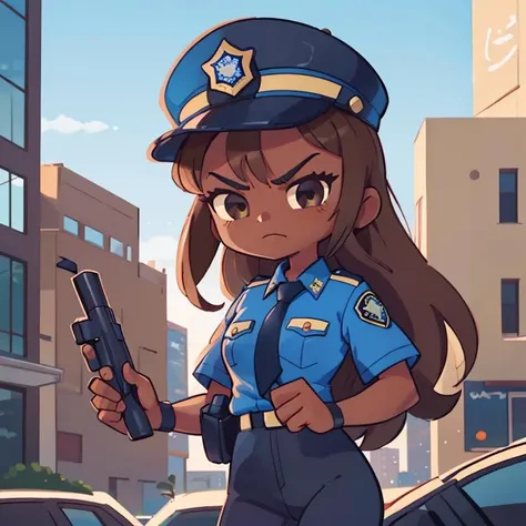 masterpiece, best quality, marikyuun, 1girl, dark skin, dark skinned female, police, police cap, brown hair, long hair, angry, police uniform, blue shirt, black tie, black pants, outdoor, city, building, white outline,<lora:marikyuun:0.6>,