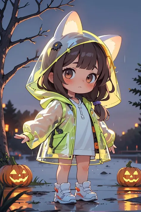 masterpiece,best quality,4k,1girl,raincoat,pop style,glowing,solo,looking at viewer,halloween,pumpkin,blush,long hair,bangs,brown hair,animal ears,brown eyes,standing,outdoors,shoes,blurry,tree,see-through,night,blurry background,animal hood,<lora:GlowingPP:0.7>,<lora:GoodHands-vanilla:1>,